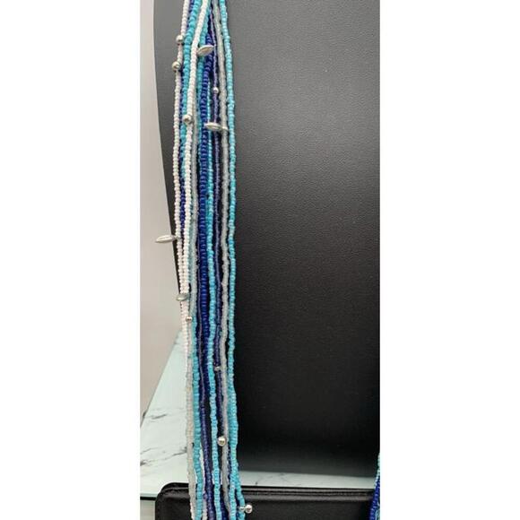 Chicos Multi Layer Seed Bead Silver Tone Station Necklace Boho Blue Gray White - Picture 3 of 5